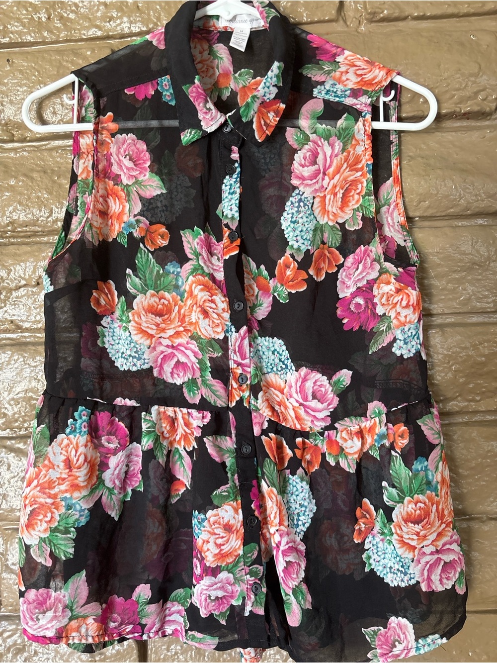 Sleeveless Black Floral Button-Front Blouse